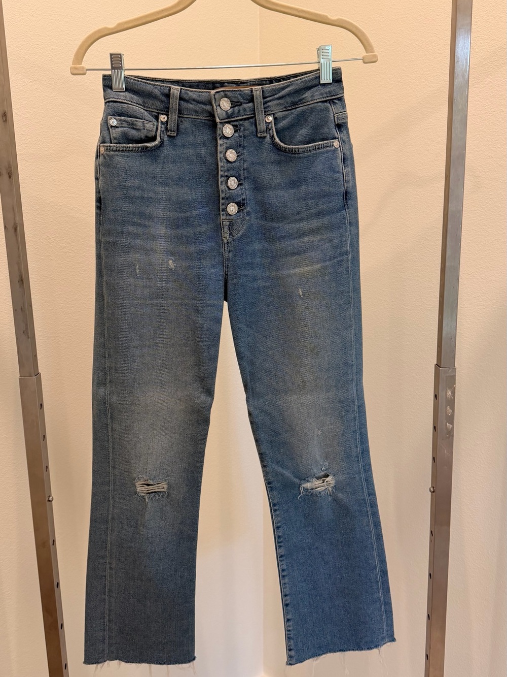 7 For All Mankind Distressed Straight-Leg Jeans in Medium Blue